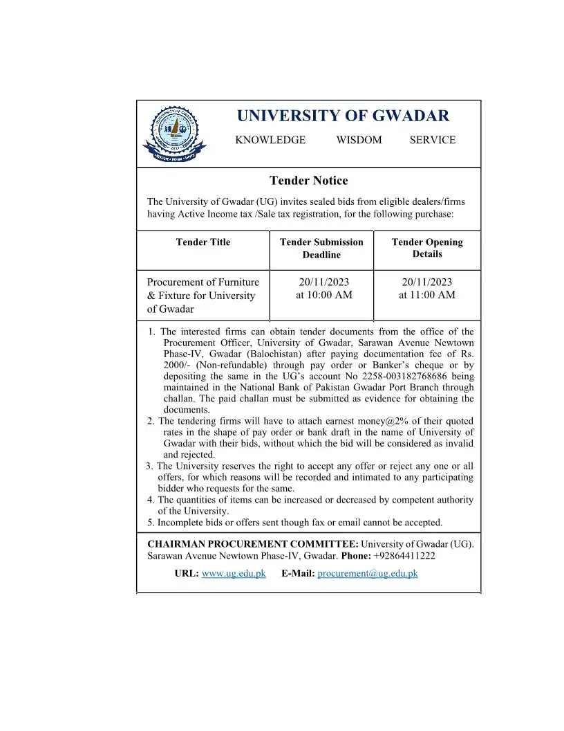 Procurement of Furniture & Fixture for University of Gwadar